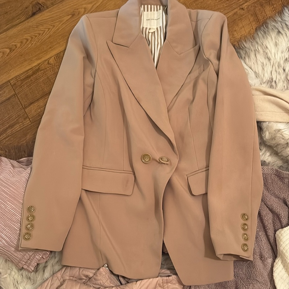 Avec Les Filles Striped Blazer Jacket Women's S Tan gold button Single Breasted